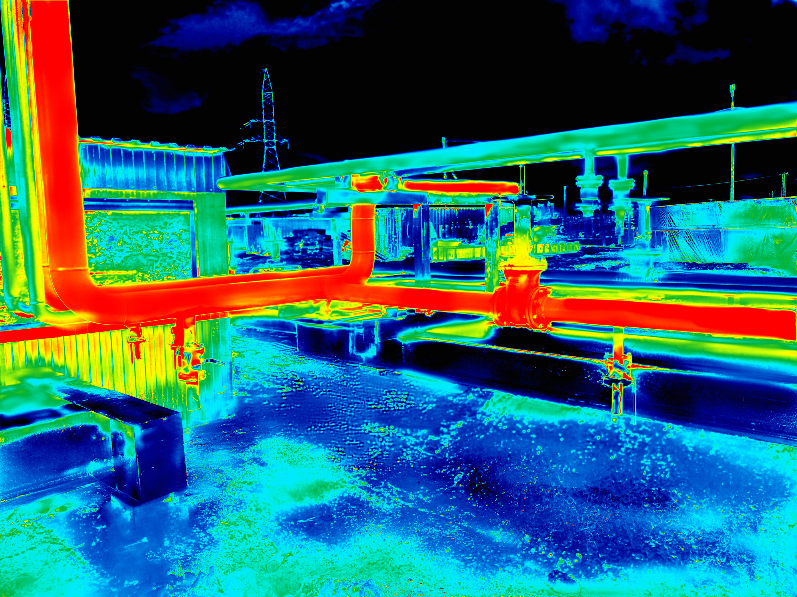 A thermographic image of a mechanical room with pipes of various temperatures visible.